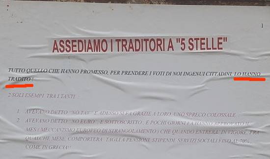 Denunciato perché affigge volantini: “assediamo i traditori a ‘5 stelle’”