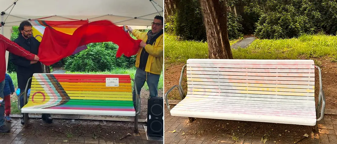Milano, cittadini cancellano la panchina oscena contro la ‘omotransfobia’