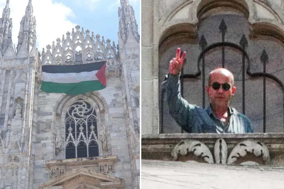 Sfregio alla Cristianità: candidato sinistra issa bandiera islamica Palestina sul Duomo di Milano